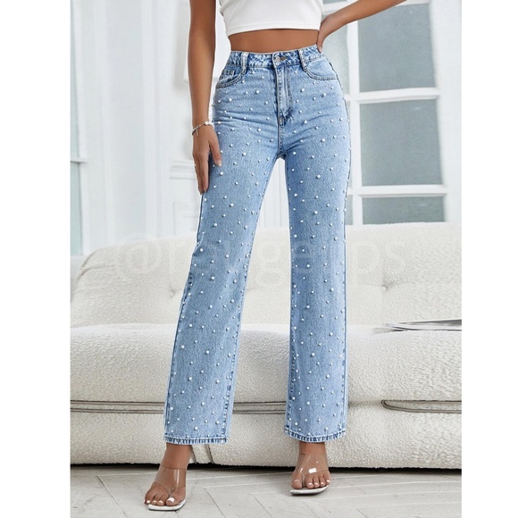 Pearl Beaded Embellished Blue Straight Leg Jeans Denim - Picture 1 of 7